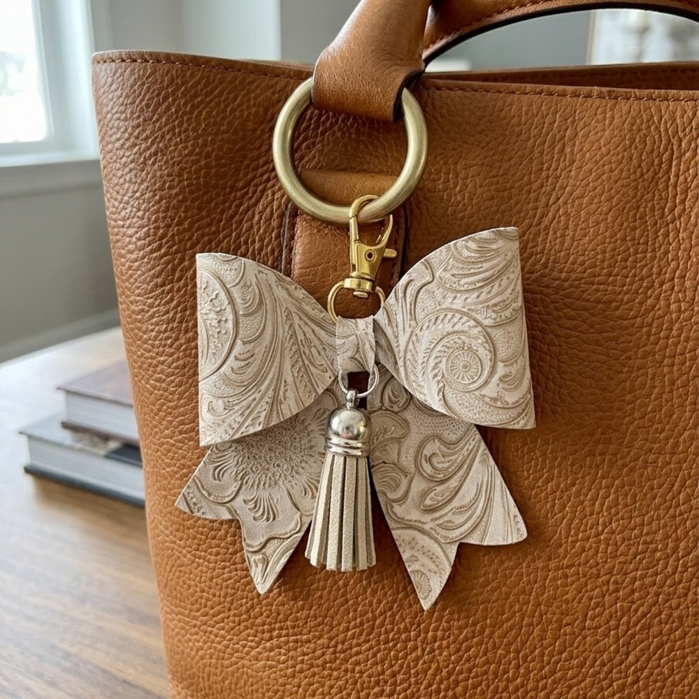 Tan Embossed Faux Leather and Tassel Bag Charm Key Chain